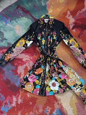 Meghan LA Black Floral Tie-Waist Long Sleeve Dress
